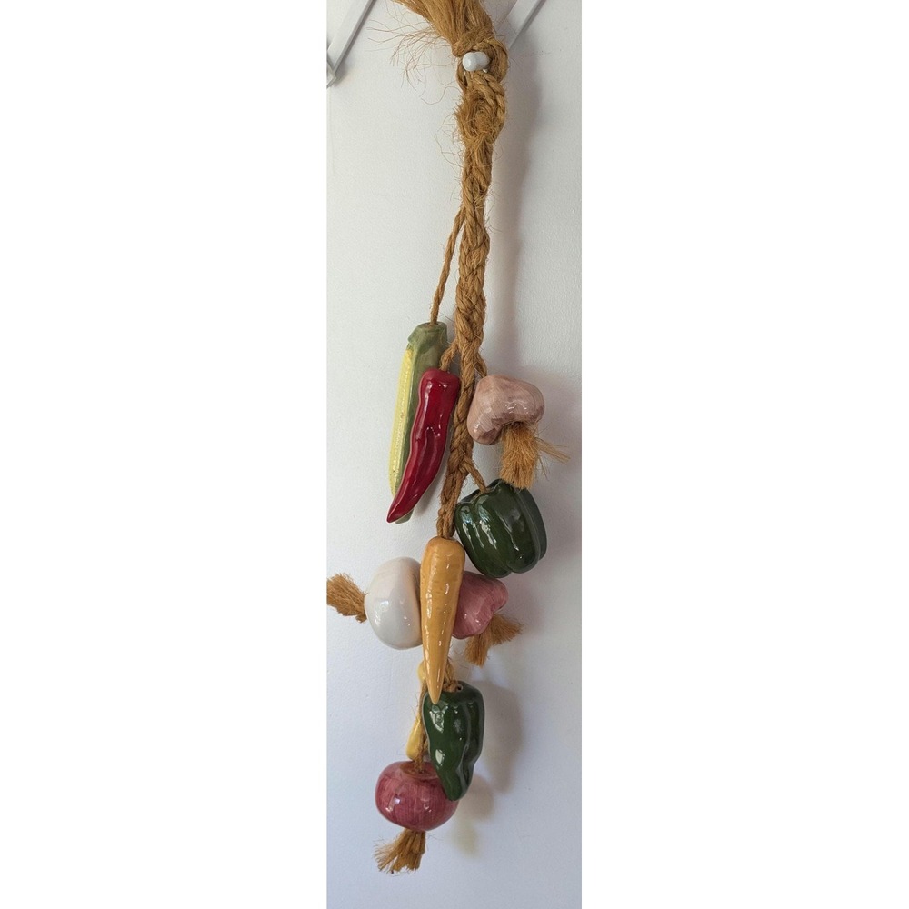 Vintage Style Ceramic Vegetable Wall Hanging, Braided Rope Kitchen Decor